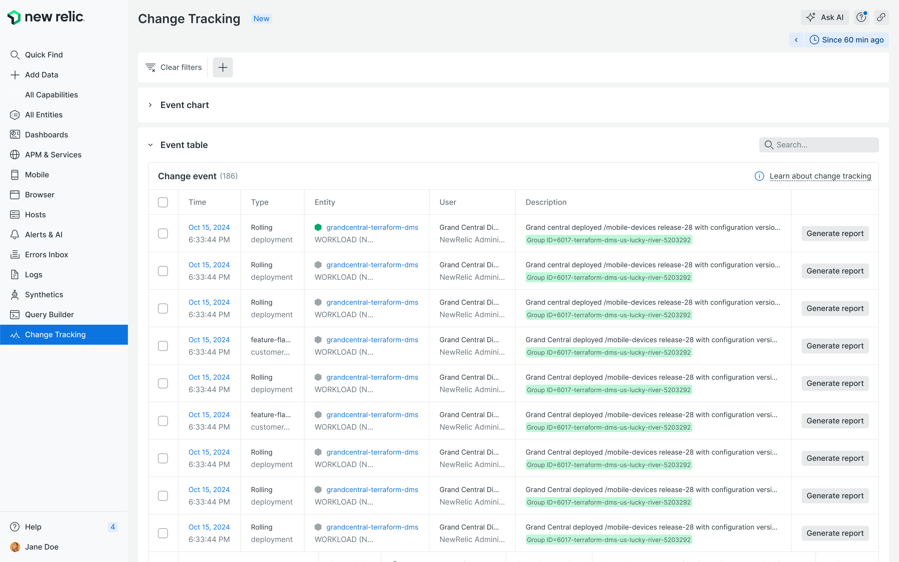 New Relic Change Tracking screen: an event table of 186 change events with time, type, entity, user and description columns, and a Generate report button on every row.