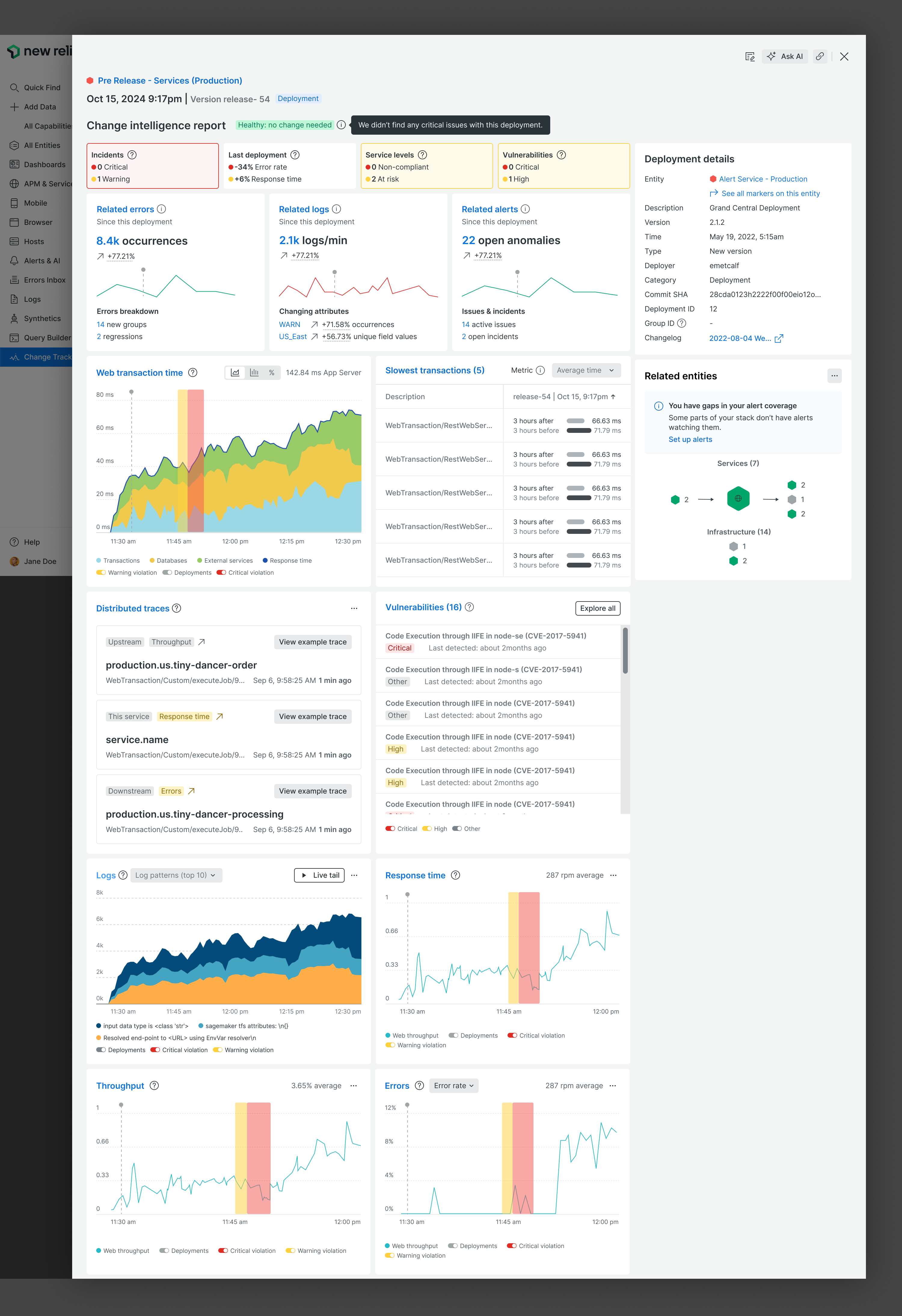 Change Intelligence Report with a Healthy, no change needed verdict and a tooltip reading we didn't find any critical issues with this deployment. The layout is identical to the unhealthy version.