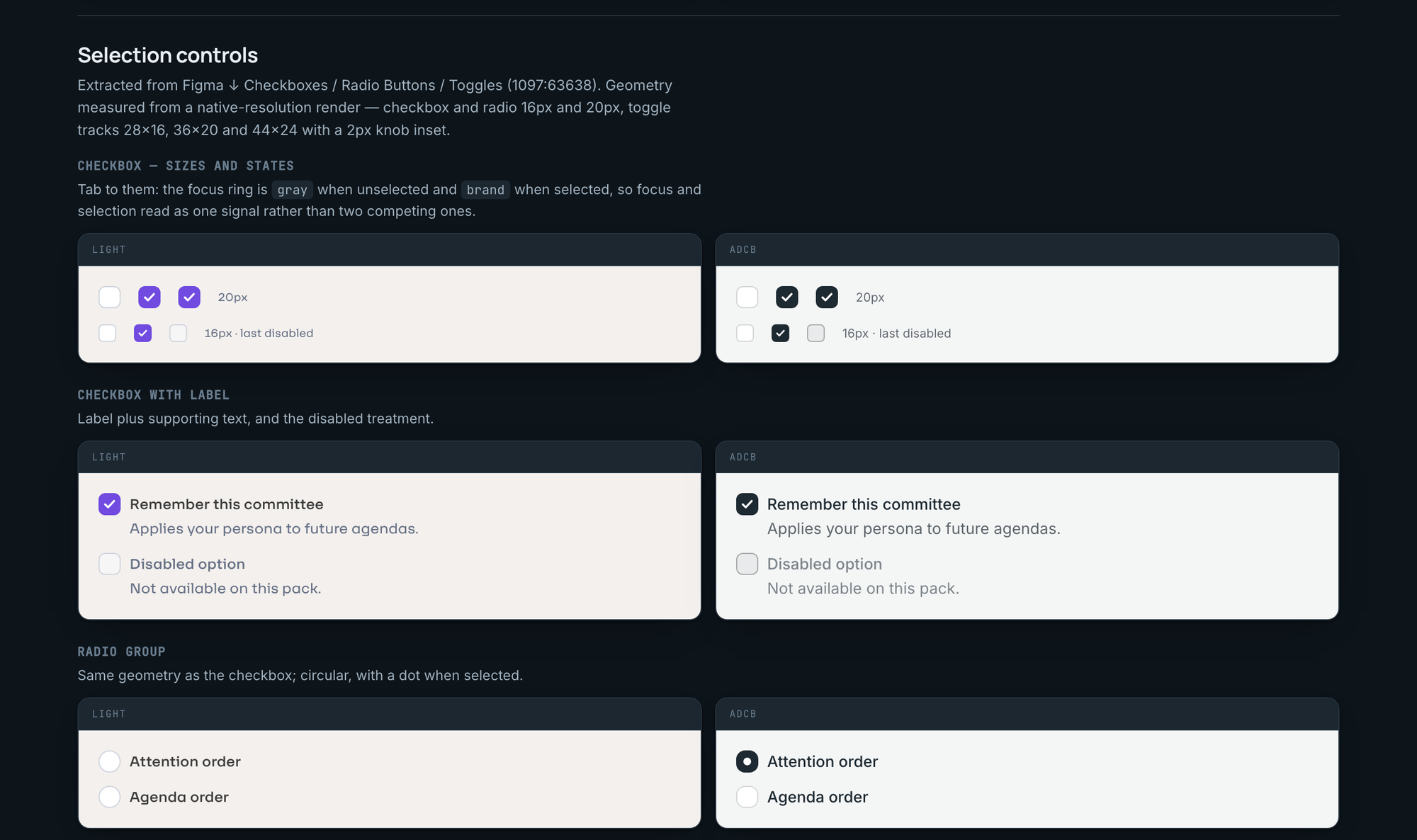 Gallery section: Selection controls. The same components rendered in Light on the left and ADCB on the right.