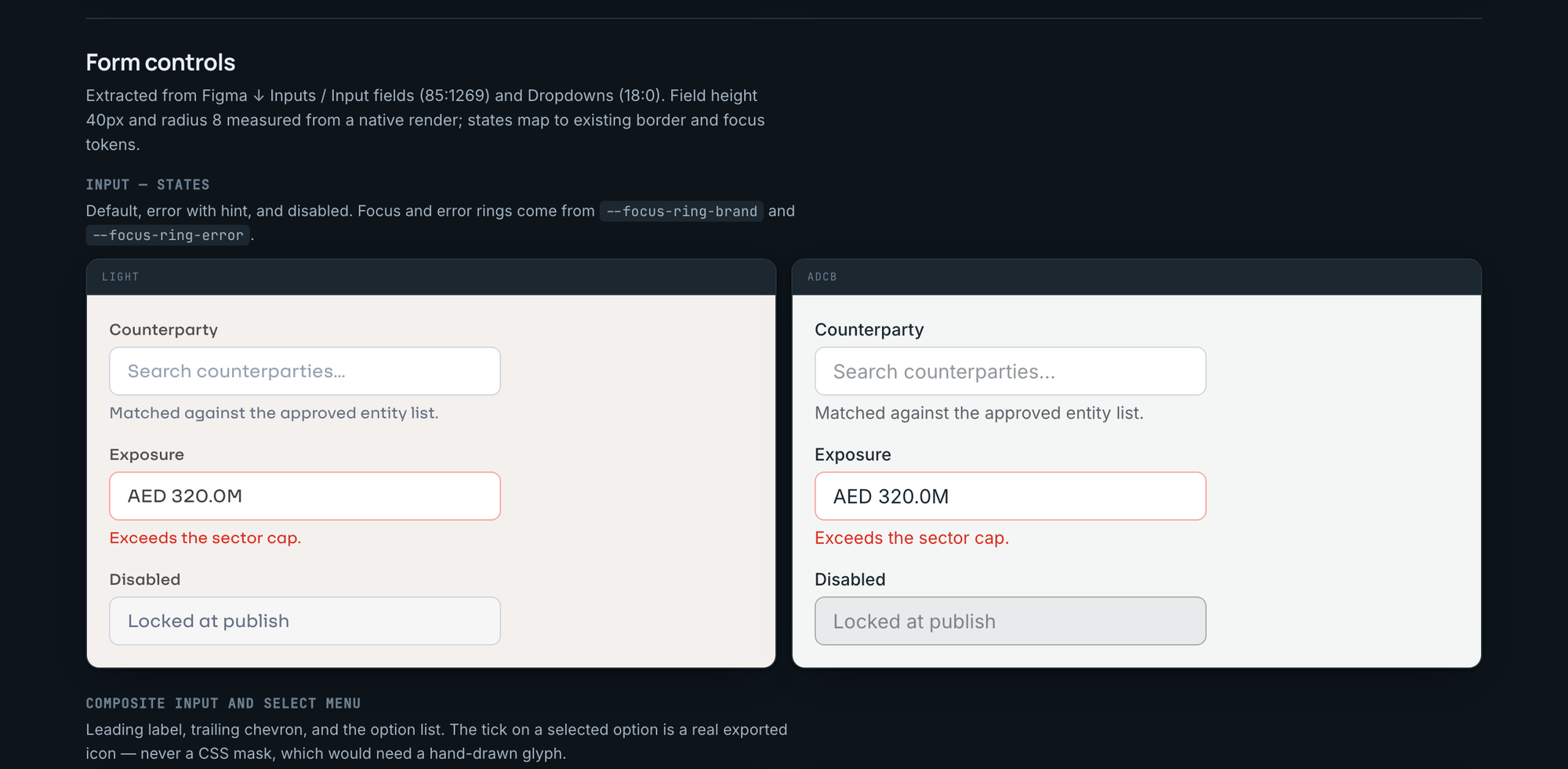 Gallery section: Form controls. The same components rendered in Light on the left and ADCB on the right.