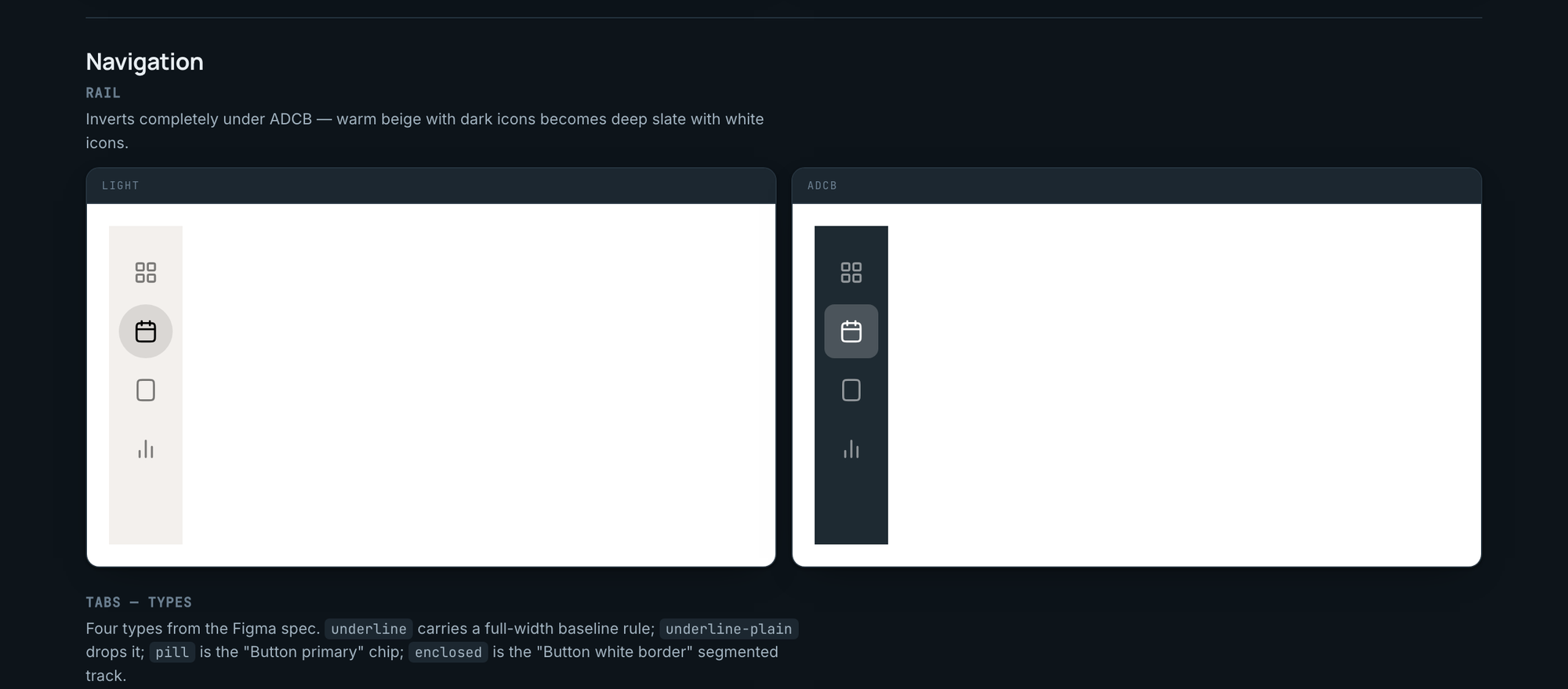 Gallery section: Navigation. The same components rendered in Light on the left and ADCB on the right.