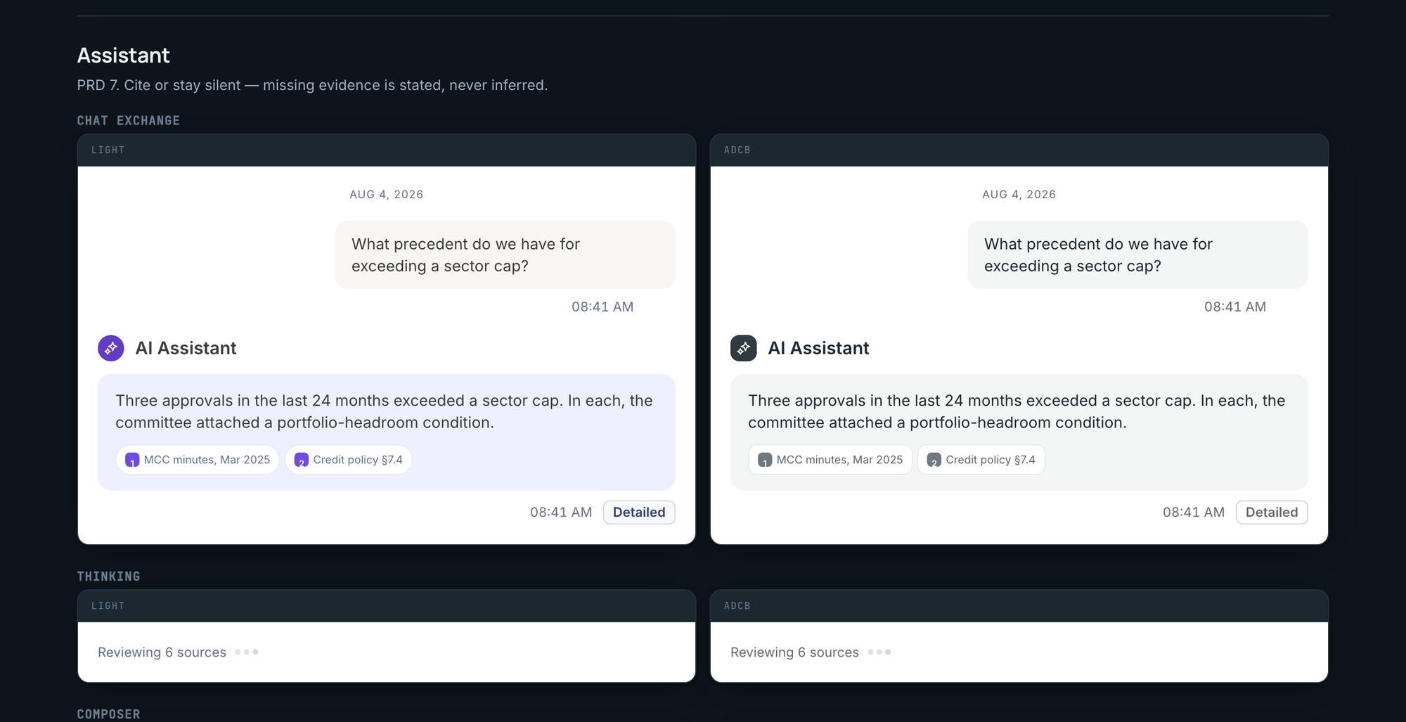 Gallery section: Assistant. The same components rendered in Light on the left and ADCB on the right.