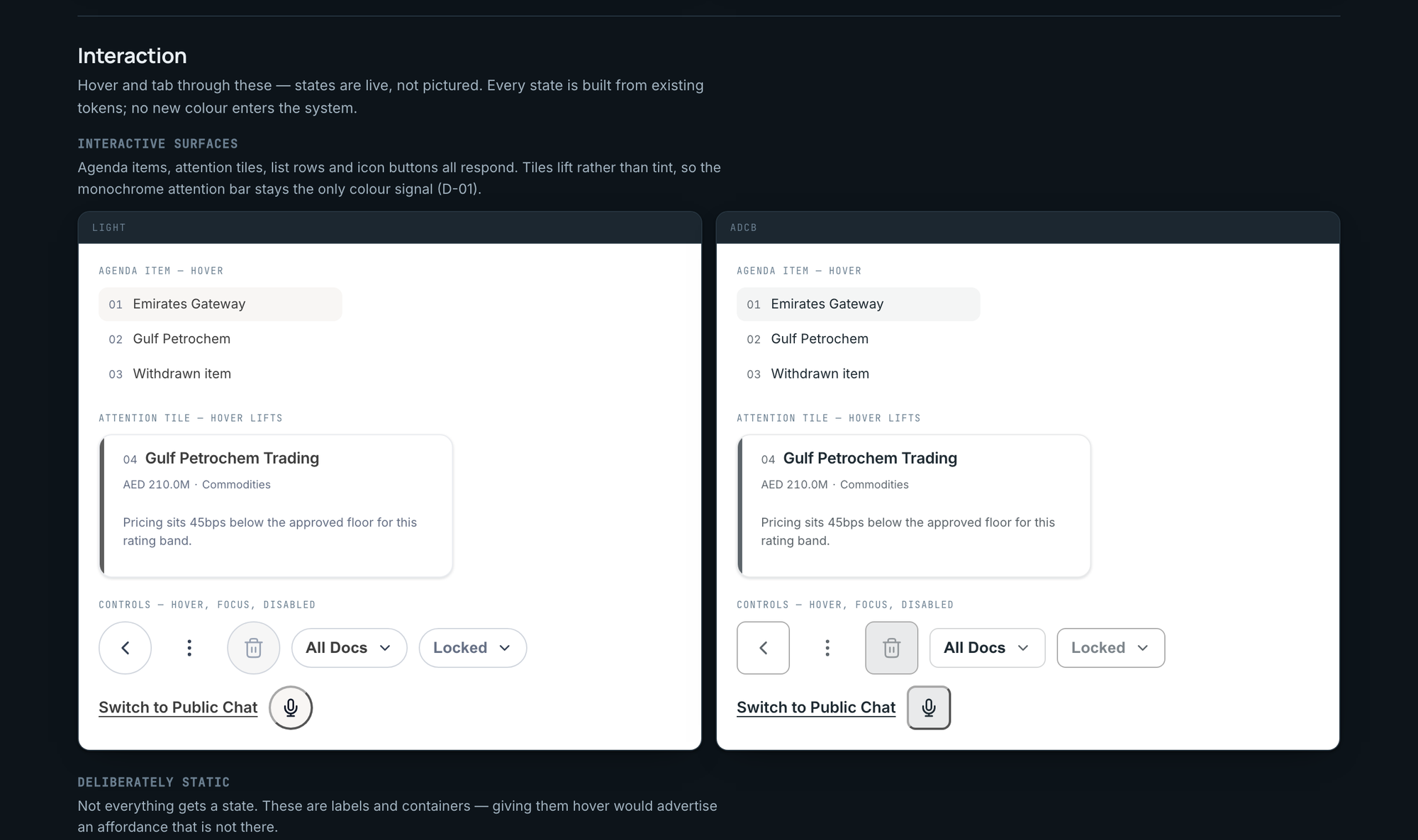 Gallery section: Interaction. The same components rendered in Light on the left and ADCB on the right.