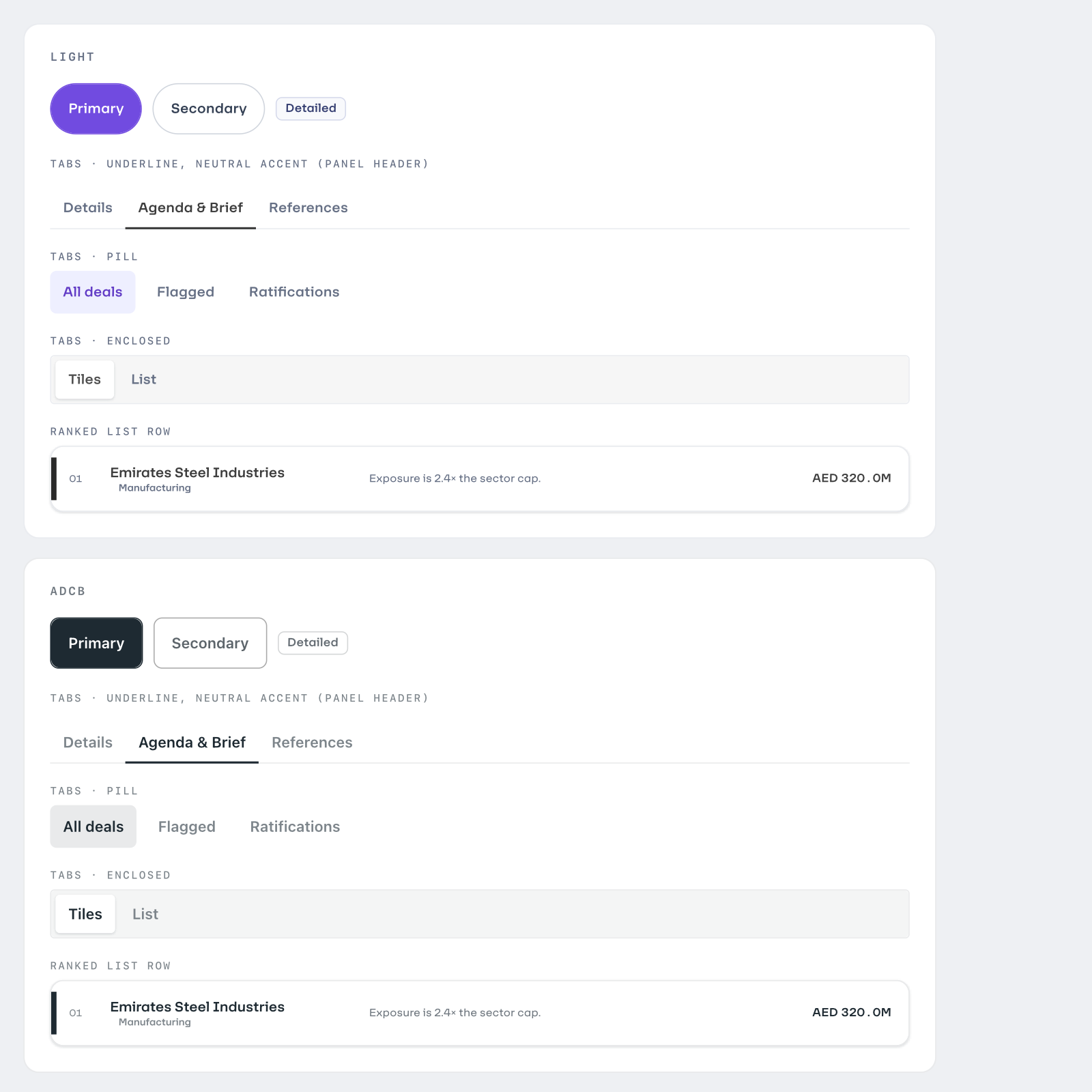 Buttons, three tab variants and a ranked list row rendered in Light and then in ADCB from identical markup. The primary button changes from a purple pill to a dark rounded rectangle, and the selected pill tab changes from purple on lavender to dark on grey.