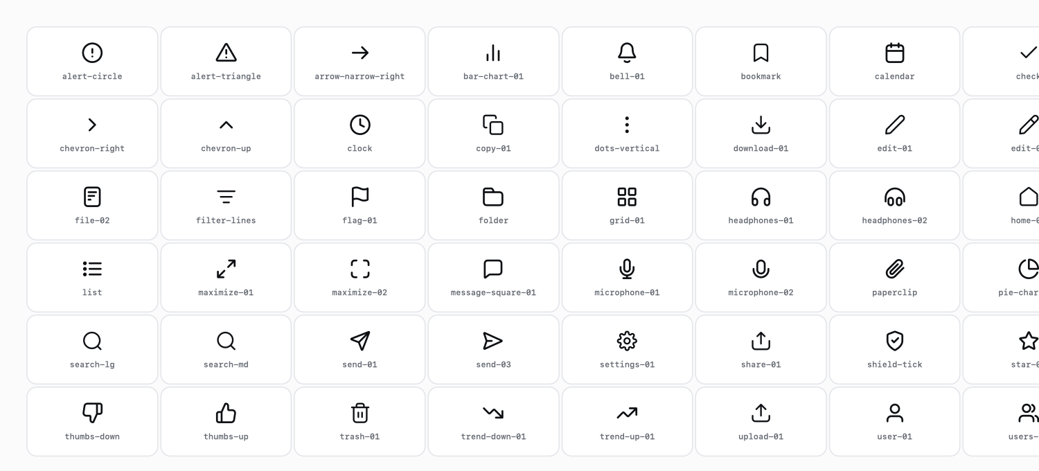 A grid of the sixty six custom icons exported from Figma, each labelled with its token name, drawn as single colour strokes that inherit the current text colour.