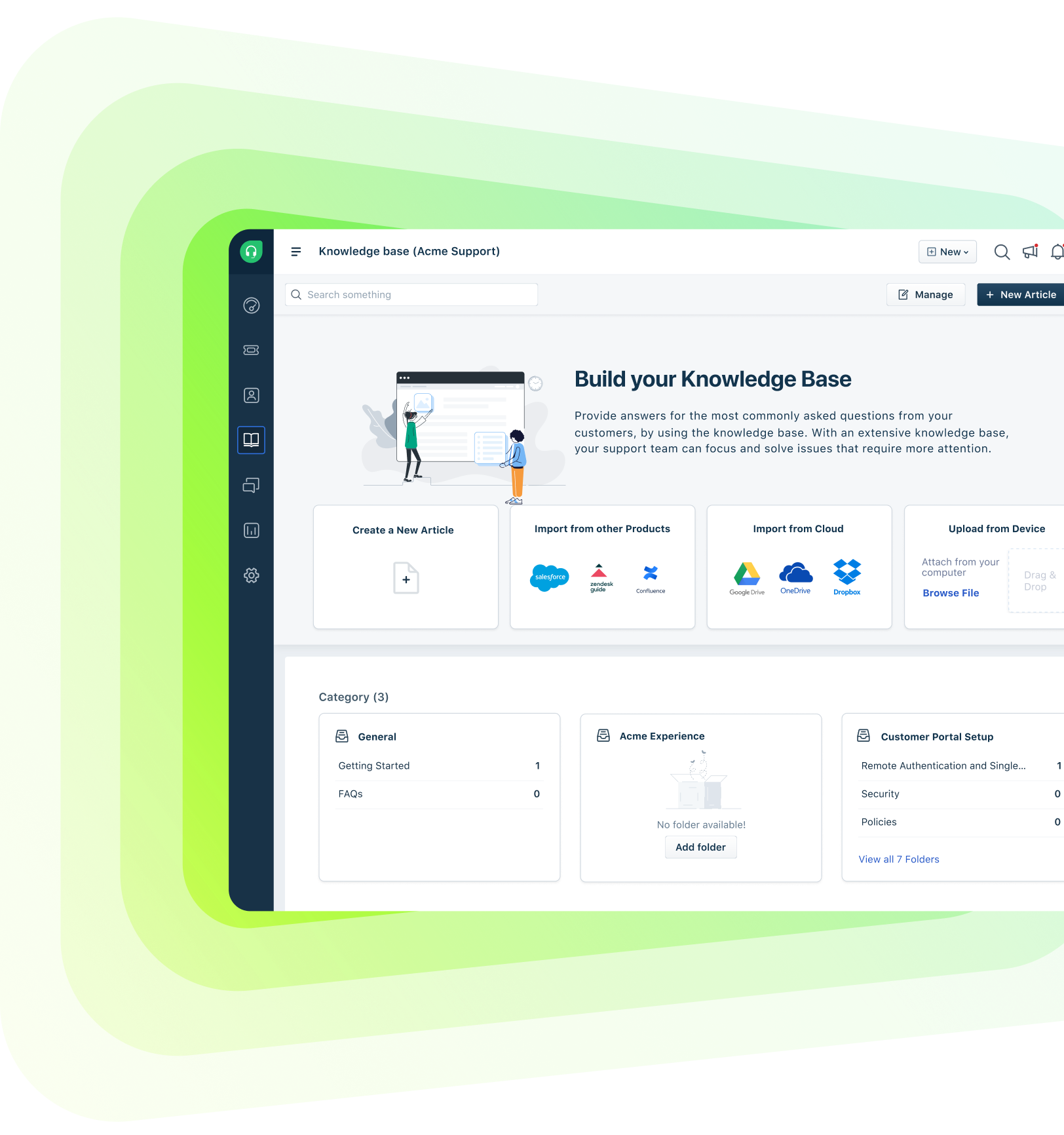 Freshdesk Knowledge Base home screen: Build your Knowledge Base, with entry points to create a new article, import from other products, import from cloud, or upload from device, above a category overview.