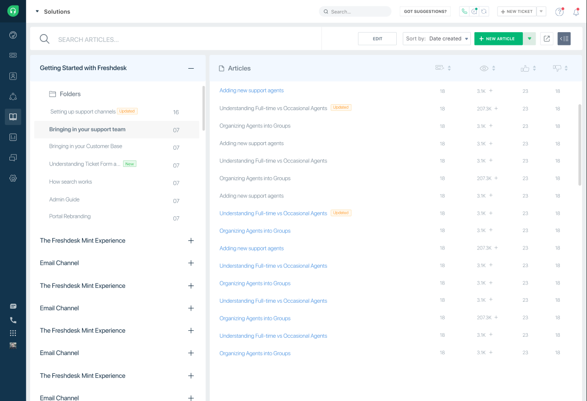 Wireframe of the three-level hierarchy view: categories containing folders containing articles.