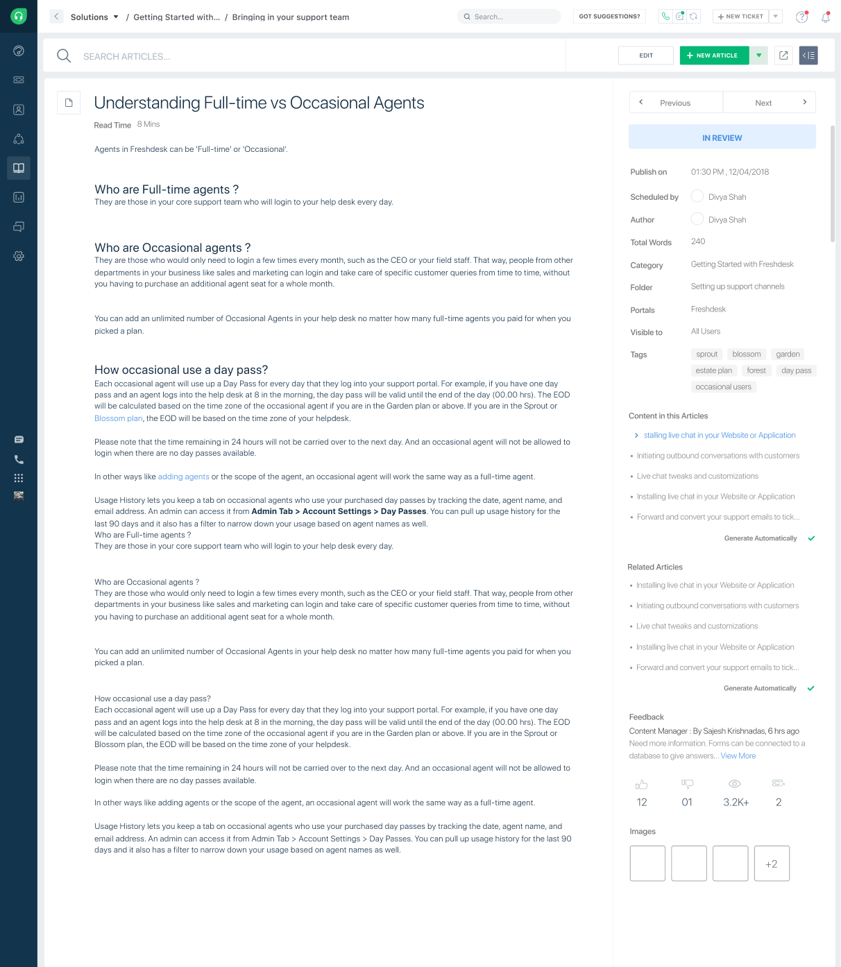 Wireframe of the article detail page with content area, article properties panel and SEO fields.