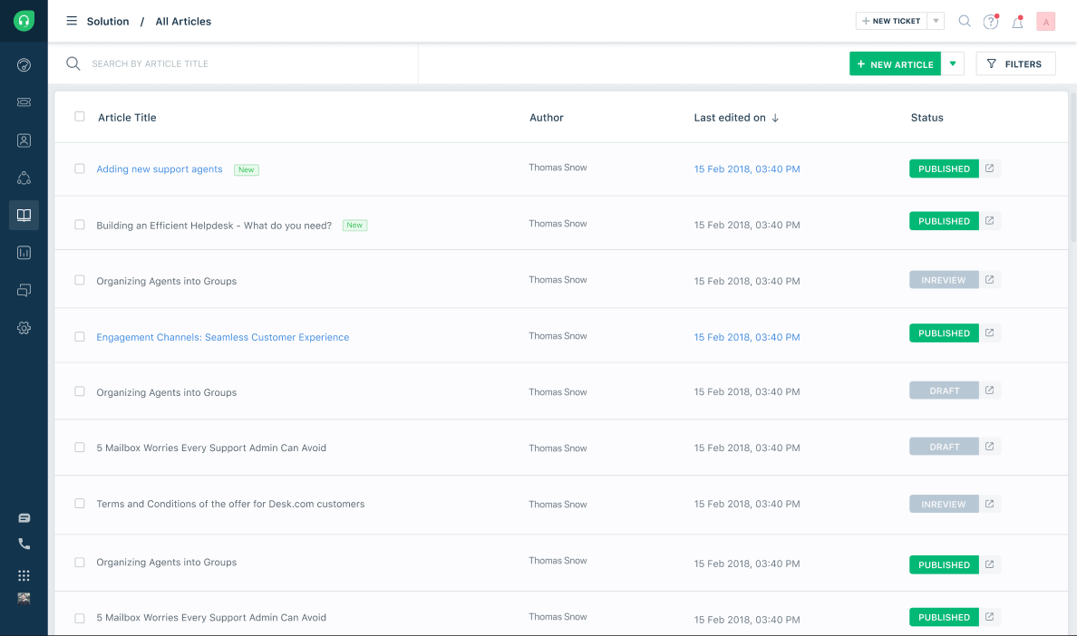 Wireframe of the article list view with filters, status column and bulk actions.