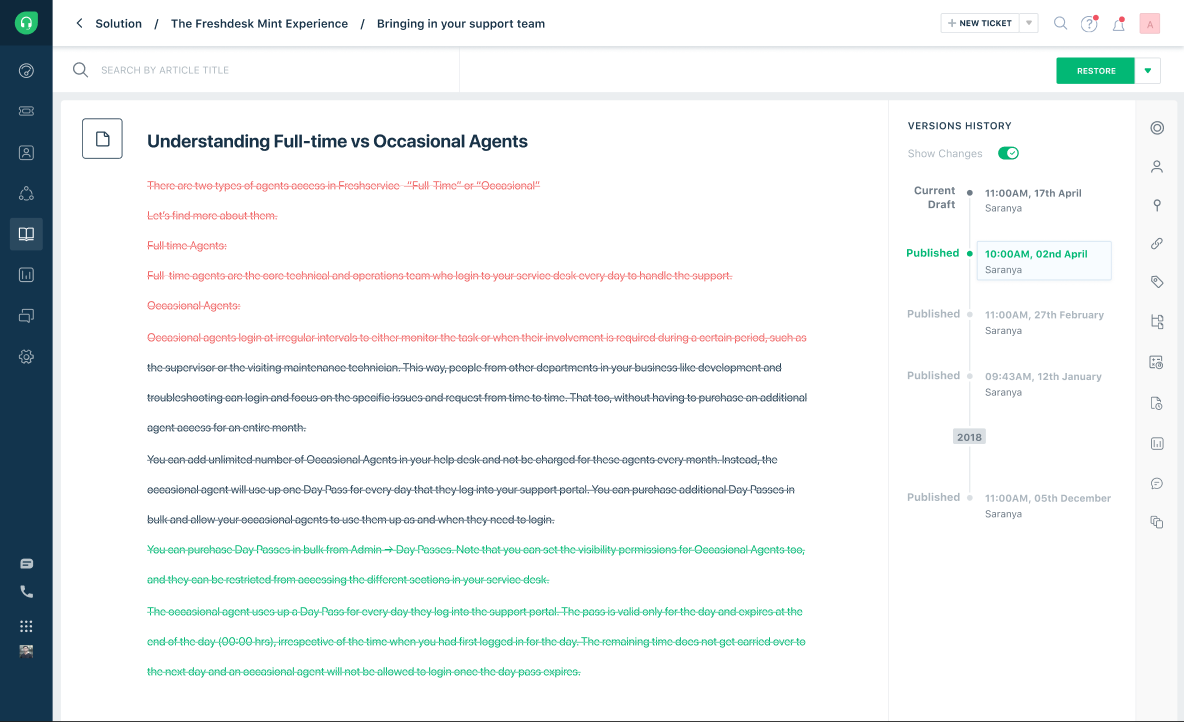 Wireframe of the article page with the version history panel open.