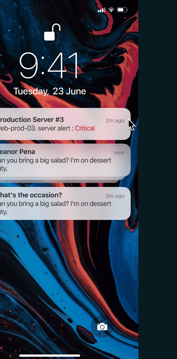Animation walking through the AI resolution flow: a critical server alert arrives on the lock screen, opens to the Production Server overview showing CPU at ninety five per cent, offers a Let AI fix it action, then reaches the AI resolution screen splitting auto-resolved fixes from ones requiring approval, and finally generating a dashboard from search.